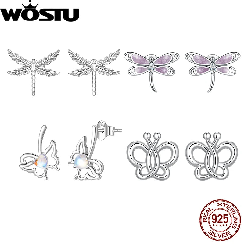 WOSTU 925 Sterling Silver Moonlight Butterfly Stud Earrings The Wings of Dragonfly Vivid for Women Birthday Fine Jewelry Gift