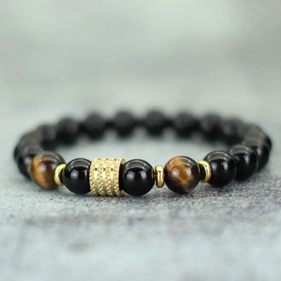 Stylish 10mm Obsidian Stone Energy Bracelet For Men Gold Color Stainless Steel Charm Strand Braslet Hematite Healing Braclet