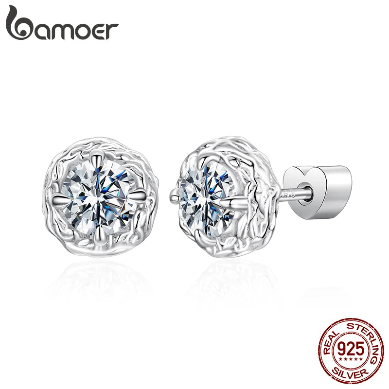 BAMOER Moissanite Crystal Sugar Stud Earrings VVS1 Lab Created Diamond, 925 Sterling Silver Texture Retro Earrings for Women