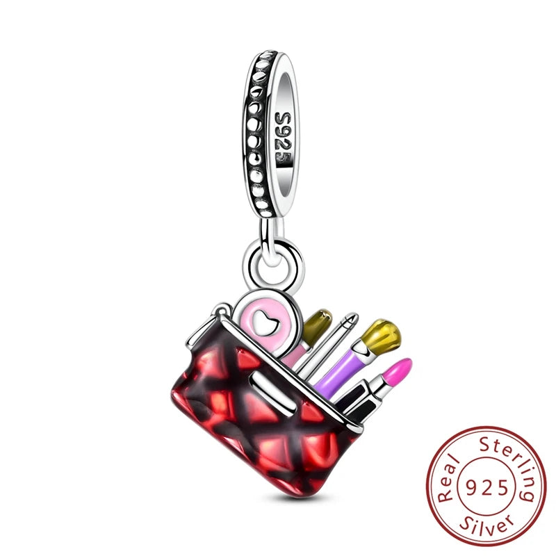 New In 925 Sterling Silver Red Makeup Kit Pendant Beads Charms Fine Jewelry Fit Original 925 Bracelet For Women DIY Gift