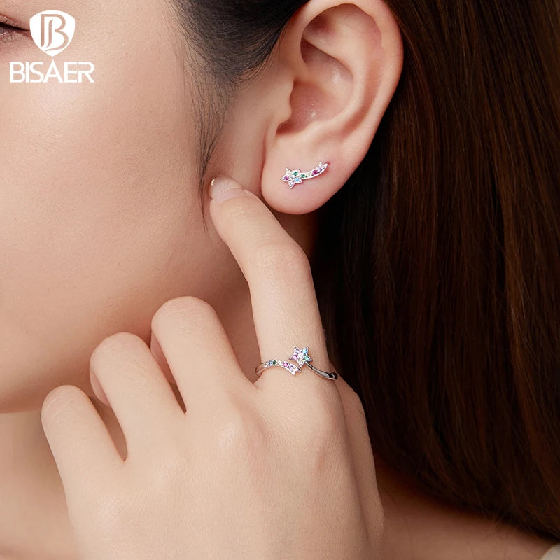 BISAER 925 Sterling Silver Colorful Shooting Star Open Ring Stars Statement Band Adjustable for Women Party Fine Jewelry Gift