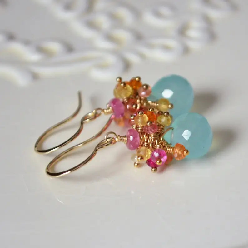 Summer Earrings, Gold Filled Jewelry, Real Chalcedony, Aqua Gemstones, Orange Yellow Pink Sapphires, Cluster Ear Rings