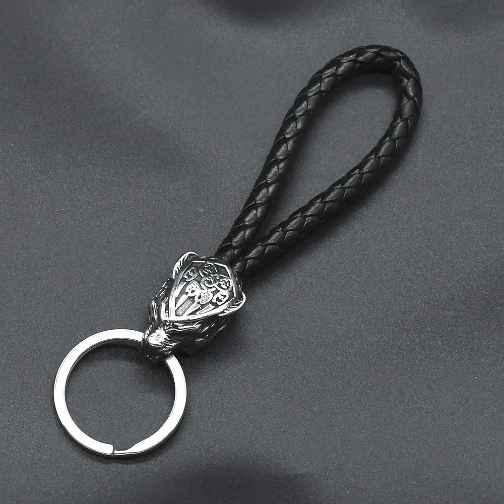 Vintage Wolf Bärentatzenkopf Schlüsselanhänger Wikinger Anhänger Edelstahl Wolf Schlüsselanhänger Handgefertigter männlicher schwarzer Leder Schlüsselanhänger