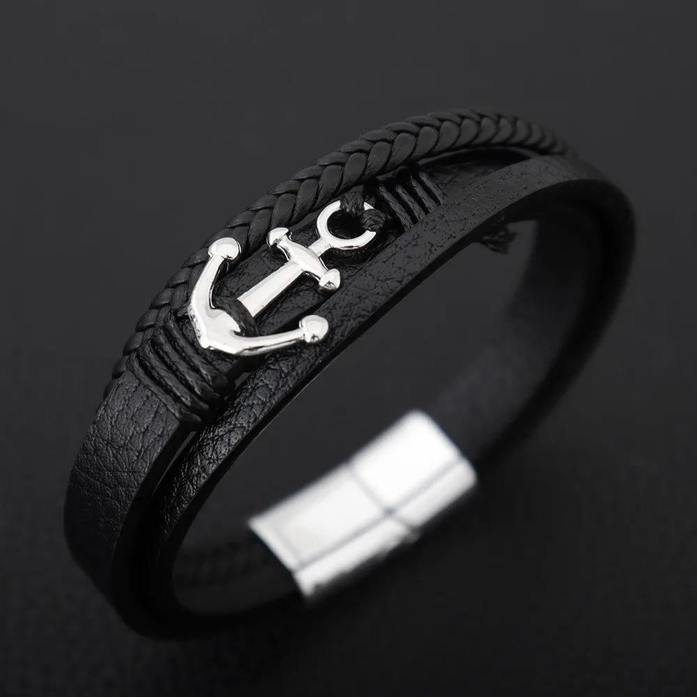 Woven Metal Steel Boat Anchor Bracelet Men's Handmade Leather Bracelet Fashion Personality National Style Jewelry