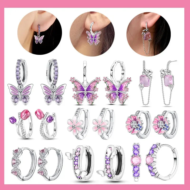 925 Sterling Silver Earrings Women Jewelry Butterfly Flower Pink Flowers Zircon Hoop Ear Studs Sparkling Earring Wedding Gift