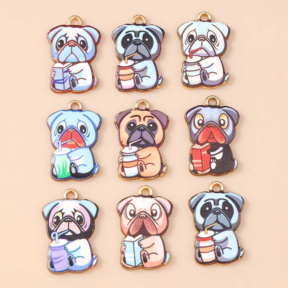 Leslie 10pcs New Cartoon Animal Dog Charms Enamel Metal Book Drinking Dog Pendants For Women DIY Necklace Earrings Jewelry Gifts