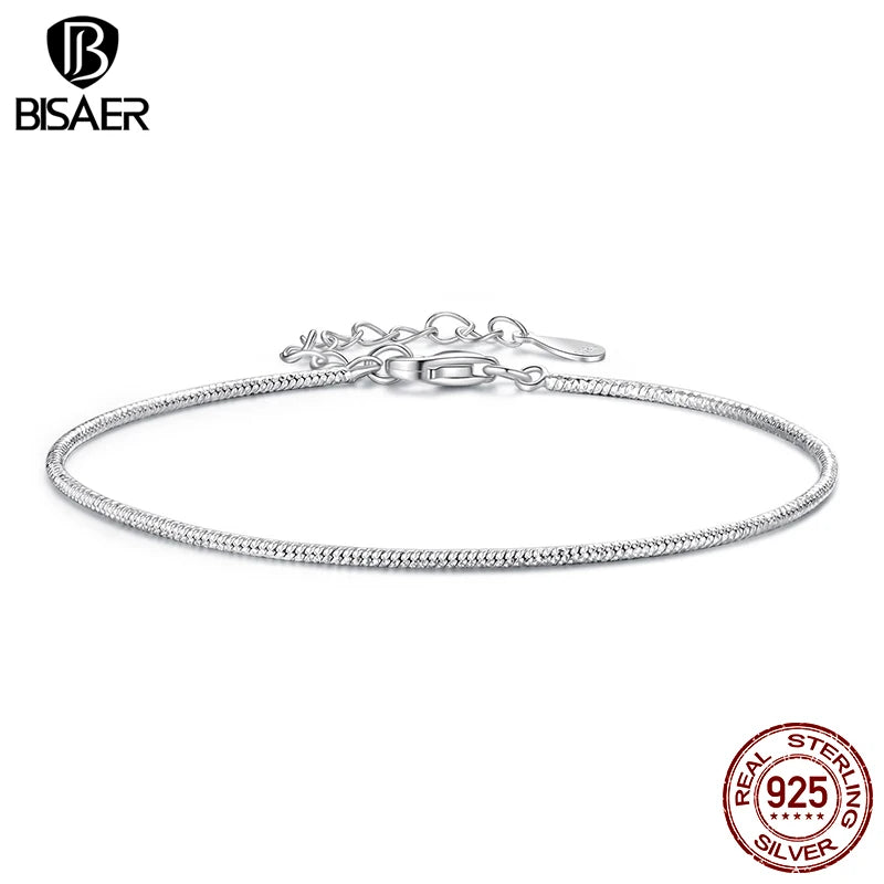 BISAER 925 Sterling Silver Sparkling Chain Bracelet Classic Chopin Chain Plated White Gold for Women Charm Bead DIY Fine Jewelry