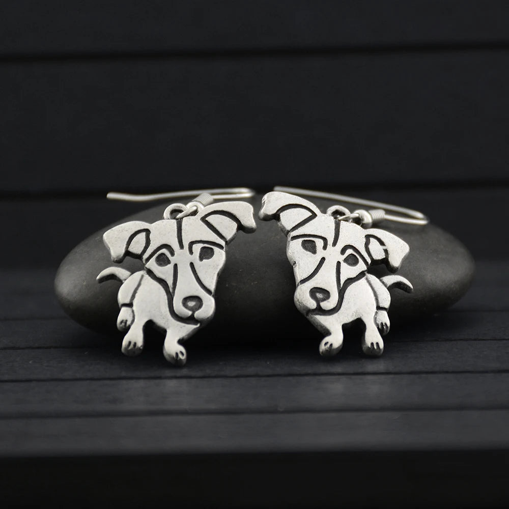 3D Vintage Cartoon Jack Russell Terrier Dangle Earrings in Antique Silver Color Dog Memorial Jewelry for Pet Lovers, Women Gift
