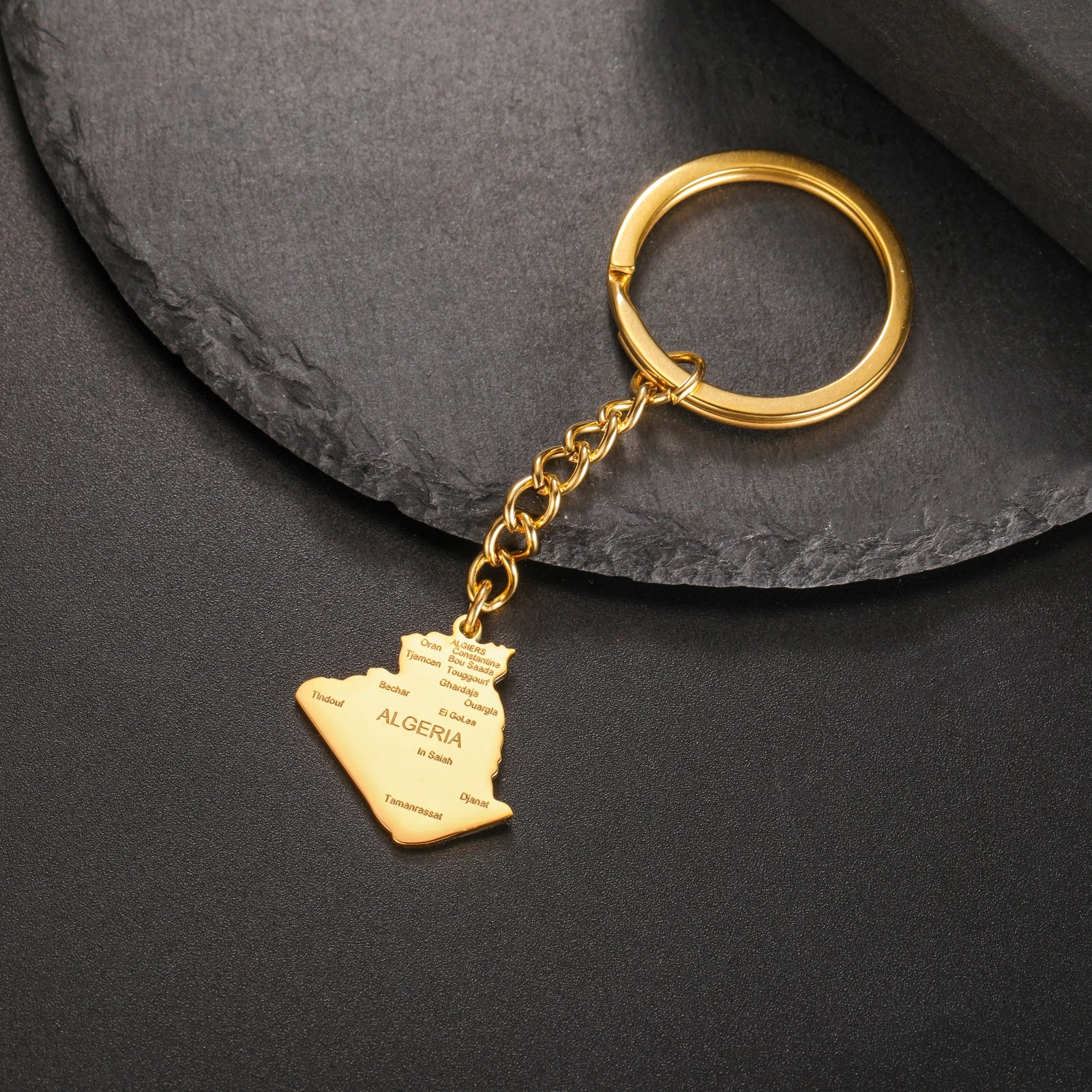 Porte-clés sculpté en acier inoxydable avec carte de l'Algérie pour femmes et hommes, clé de voiture, pays d'Afrique, bijoux cadeau