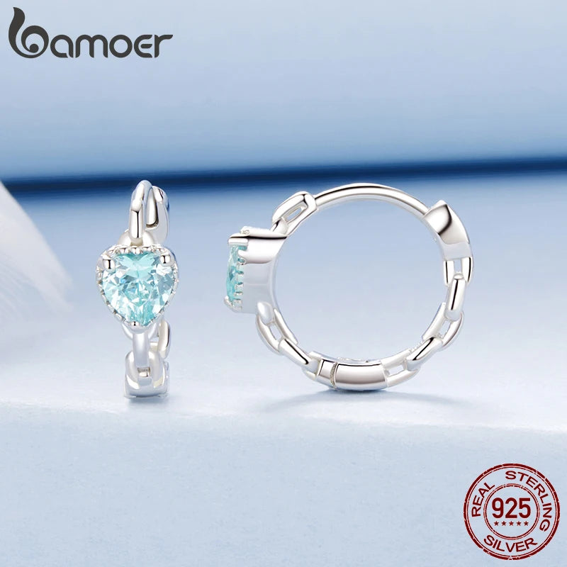 BAMOER 925 Sterling Silber Eingelegte blaue CZ Geometrische Herz Ohrstecker Leichter Luxus Reifer Glamour Frauen Schmuck Zubehör