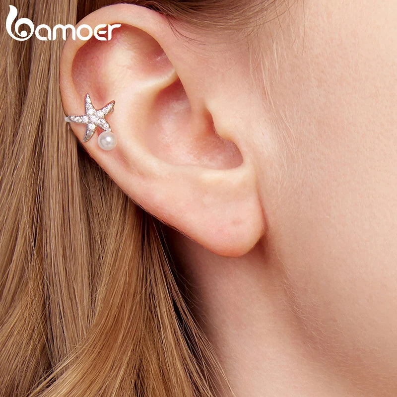 BAMOER Mono 925 Sterling Silver Starfish Ear Cuff for Women Teen Girls Statement Elegant Ear Clip 1PCS