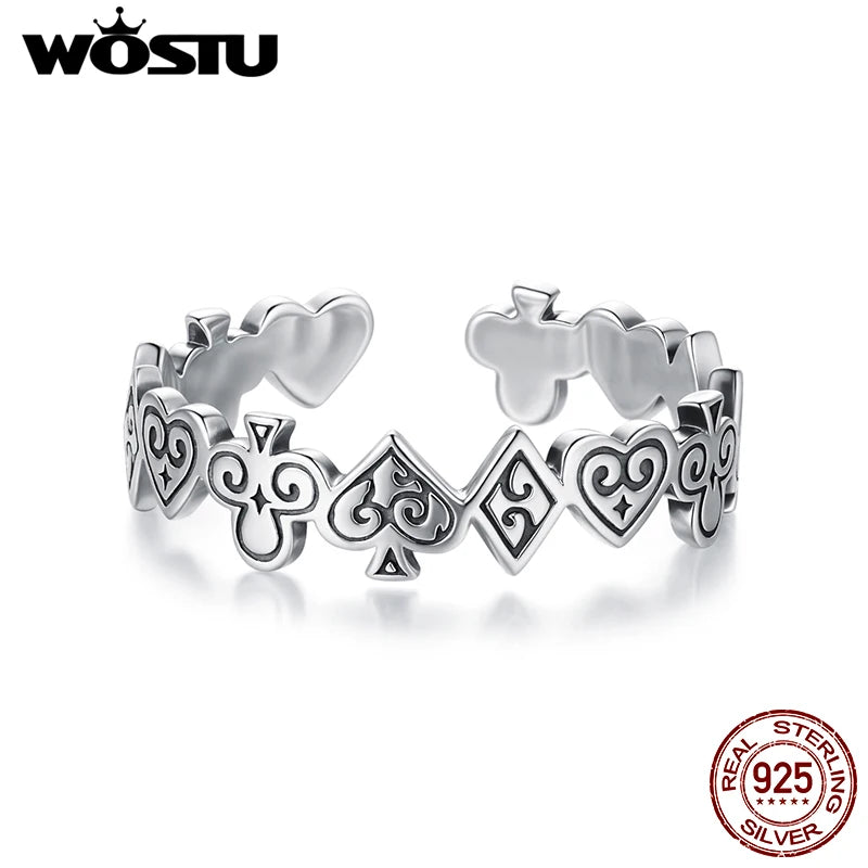 WOSTU Vintage 925 Sterling Silver Poker Card Open Ring For Women, Antique Adjustable Stacking Party Rings Fine Gift