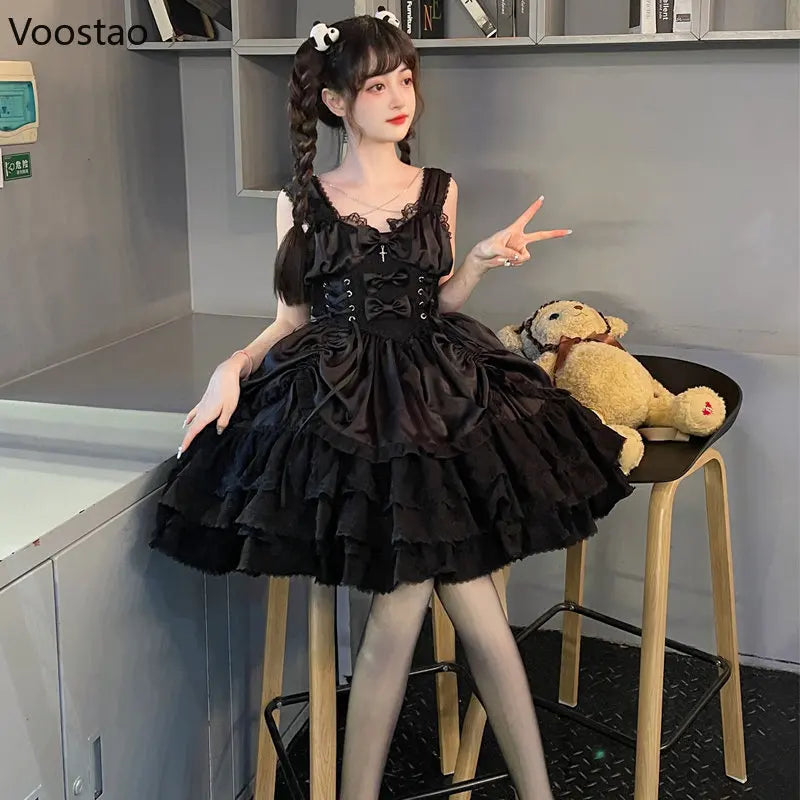 Vintage Gothic Lolita Dress Women Victorian Punk Slim Bandage Princess Party Dresses Girls Cute Metal Cross Bow Evening Dress