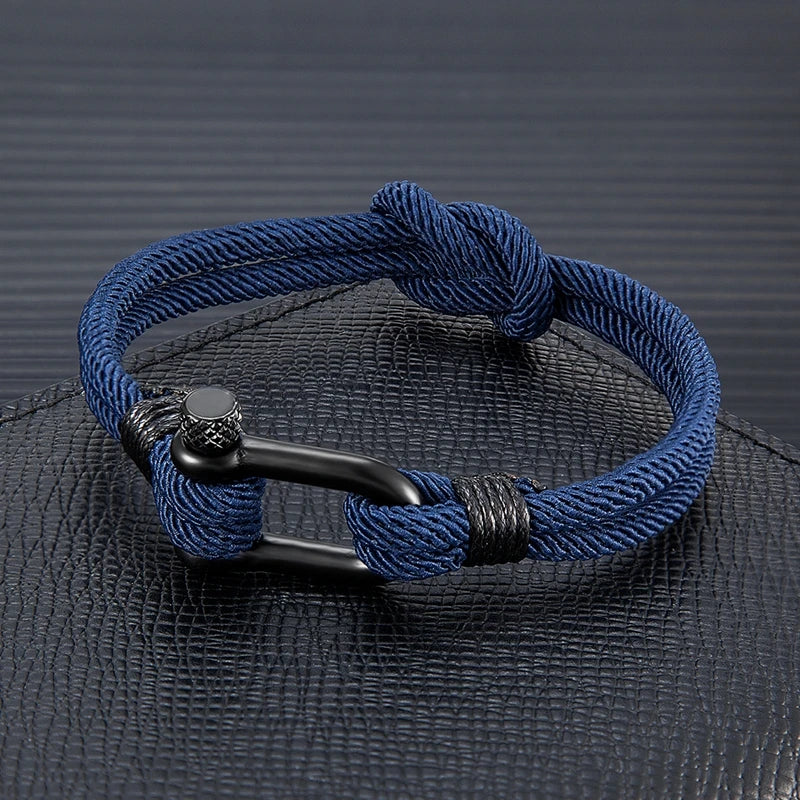 MKENDN Men Women Black Stainless Steel U shape Shackle Buckle Bracelet Two -Toned bondage Rope Square Knot For Couple Jewelry