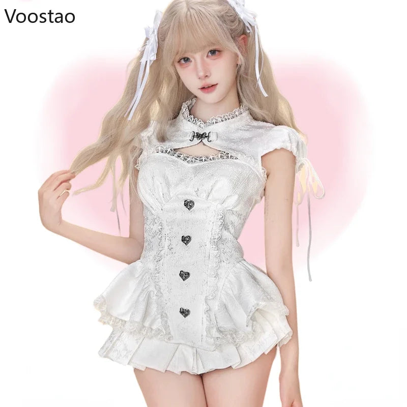 Gothic Y2k Mini Dress Shorts Set Women Sweet Ruffles Lace Bow Patchwor