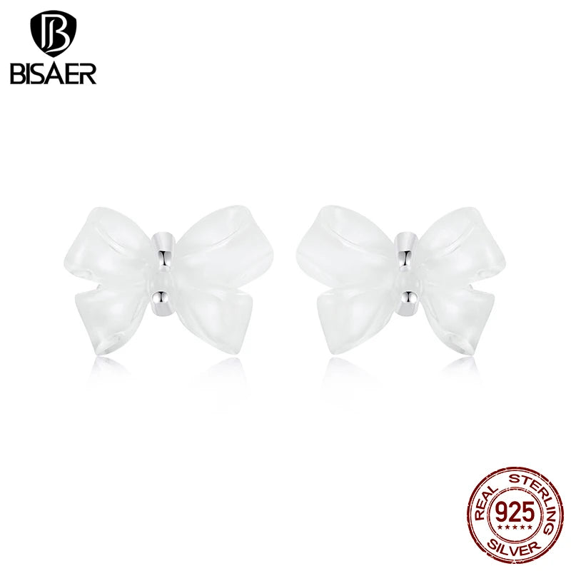 BISAER Boucles d'oreilles à tige en argent sterling 925 véritable avec nœud papillon minimaliste pour femme, bijoux fins originaux, cadeau de fête, ECE1815