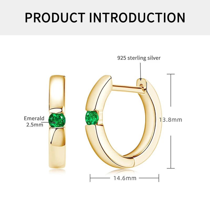 925 Sterling Silver 14K Gold Plated Elegant Ladies Hoop Earring 2.5mm Round Zambian Emerald Earrings for Women Jewelry Gift