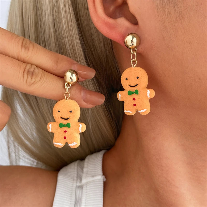 Christmas Gingerbread Man Resin Earrings for Women Biscuits House Xmas Tree Gloves Pendant Earring Girls New Year Jewelry Gift