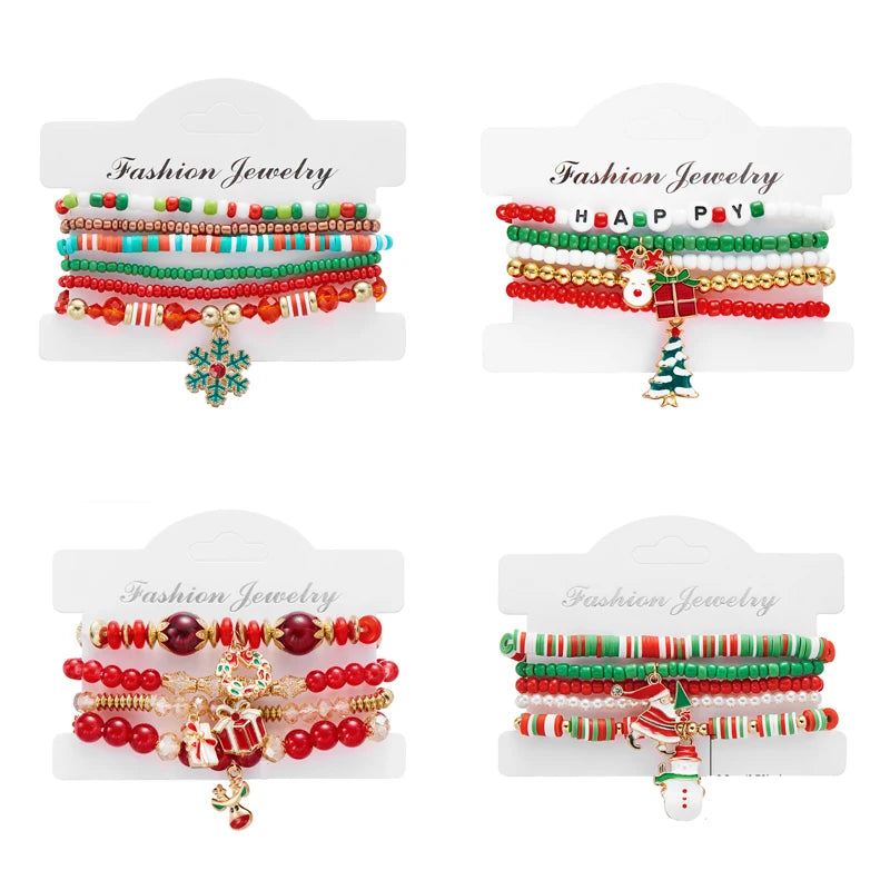 Merry Christmas Colorful Beaded Bracelet Set For Women Santa Claus Snowman Snowflake Pendant Beads Bracelet New Year Jewelry