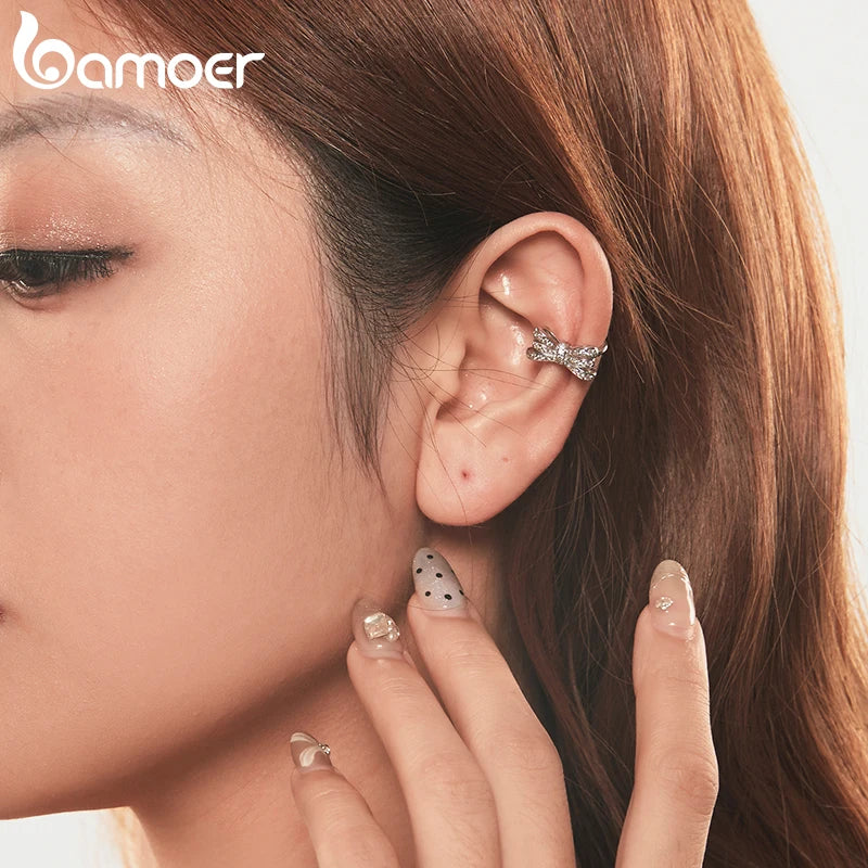 BAMOER 1PC Bowknot Ear Cuff White Gold Plated Clip Earrings for Women Wedding Party Daily Jewelry Gifts YIE248