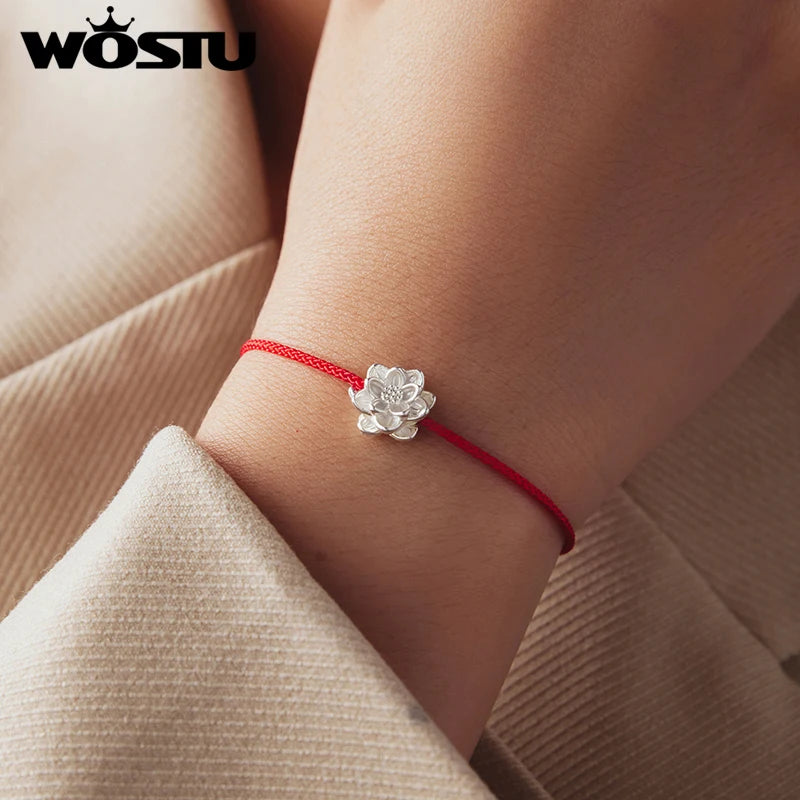 WOSTU Lotus Red Braided Cord Wrist Bracelet for Women, 925 Sterling Silver Elegant 3D Flower Charm Adjustable Rope Bangle