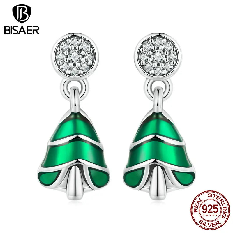 BISAER Boucles d'oreilles à tige en forme de sapin de Noël en argent sterling 100 % 925 avec zircone pour femme, bijoux fins, cadeau de fête, EFE919