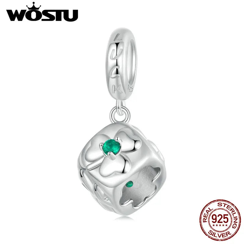 WOSTU Real 925 Sterling Silver Four-leaf Clover Dice Pendant DIY Necklace Chain With Zircon For Women Original Fine Jewelry Gift
