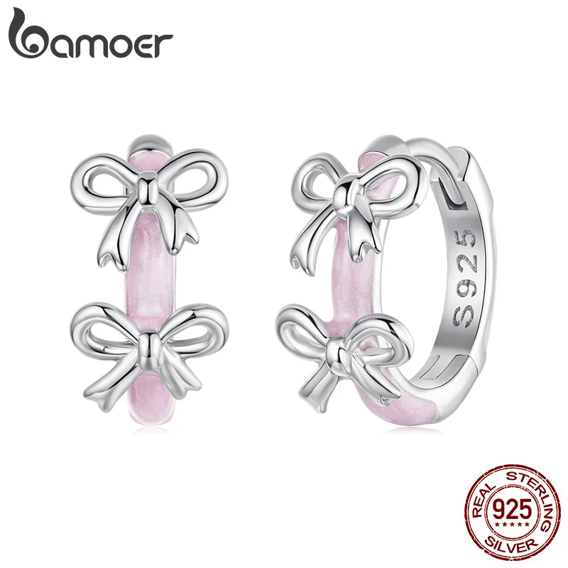 BAMOER Ohrringe aus 925er Sterlingsilber mit rosa Schleife, doppelter Schleifenverschluss, hypoallergen, süßes Schmuckgeschenk für Mädchen