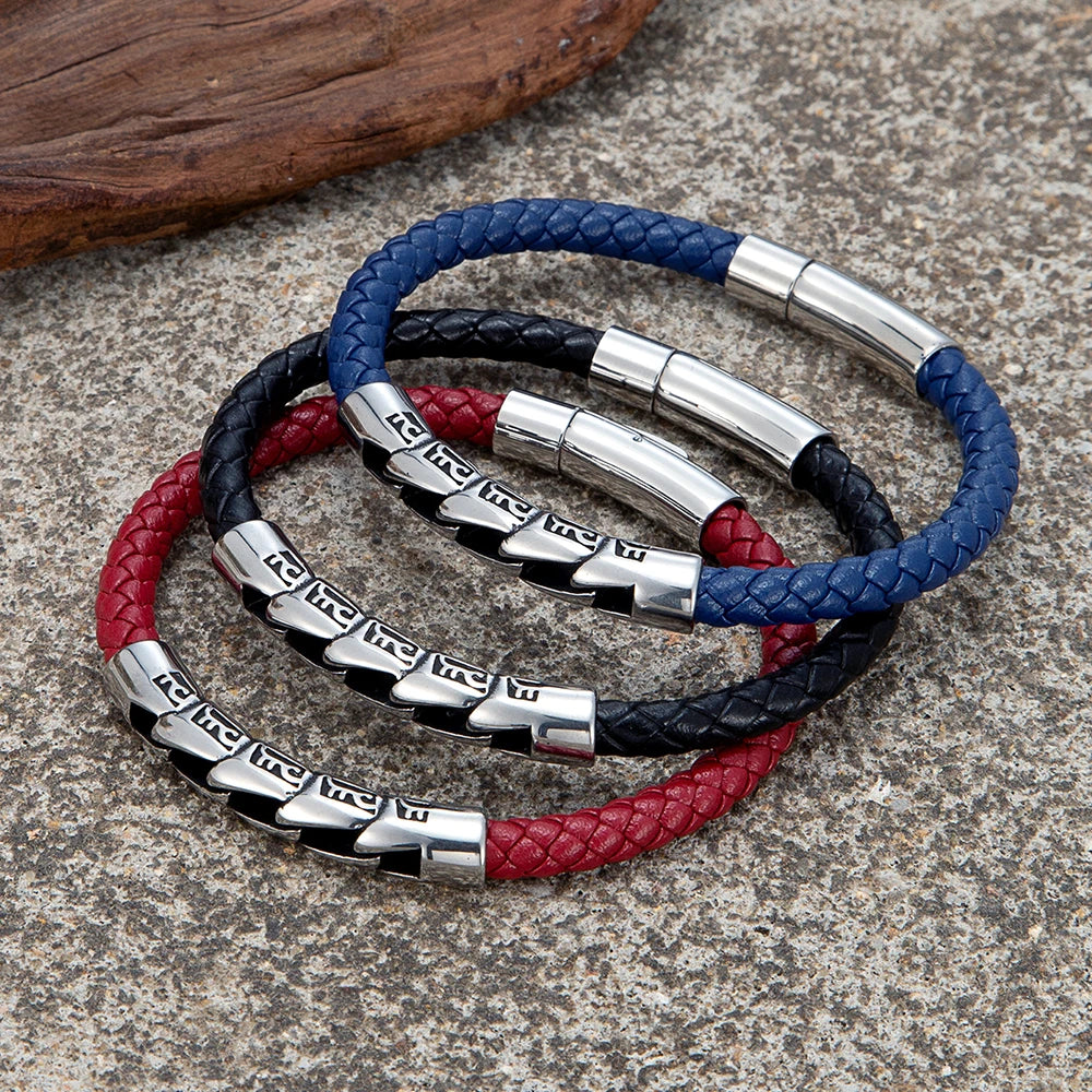 MKENDN Simple Style Braided Leather Bracelet Vintage Men Bicycle Chain Bracelet Stainless Steel Easy Buckle Male Jewelry