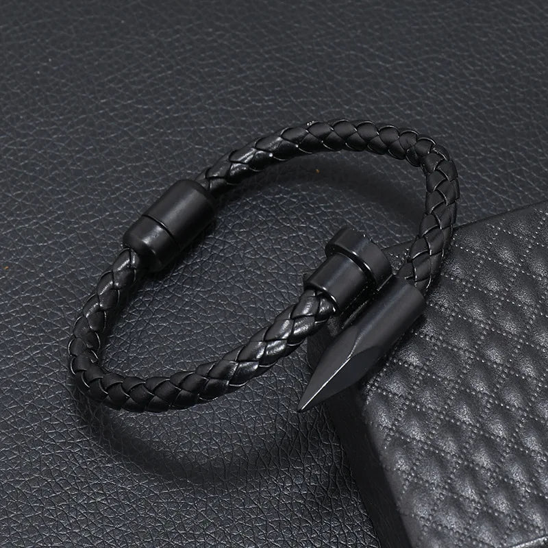 Nail Bullet Bracelet Titanium Steel Leather Leather Rope Bracelet Alloy Magnet Buckle Men's Braided Bracelet Handmade Bracelet