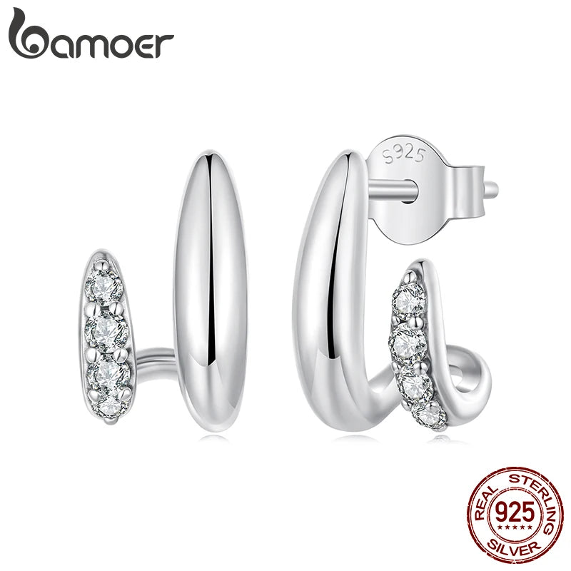 BAMOER 925 Sterling Silver Geometric Double-Layer Stud Earrings CZ Teardrop Earrings Hypoallergenic for Women Simple Xmas Gift