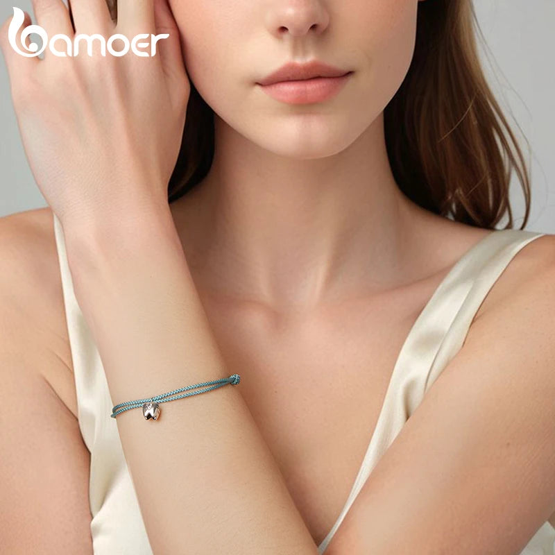 BAMOER 925 Sterling Silver Blue Rope Bracelet Teeth Zircon Pendant Knot Wrist Chain Adjustable for Women Summer Fresh Party Gift