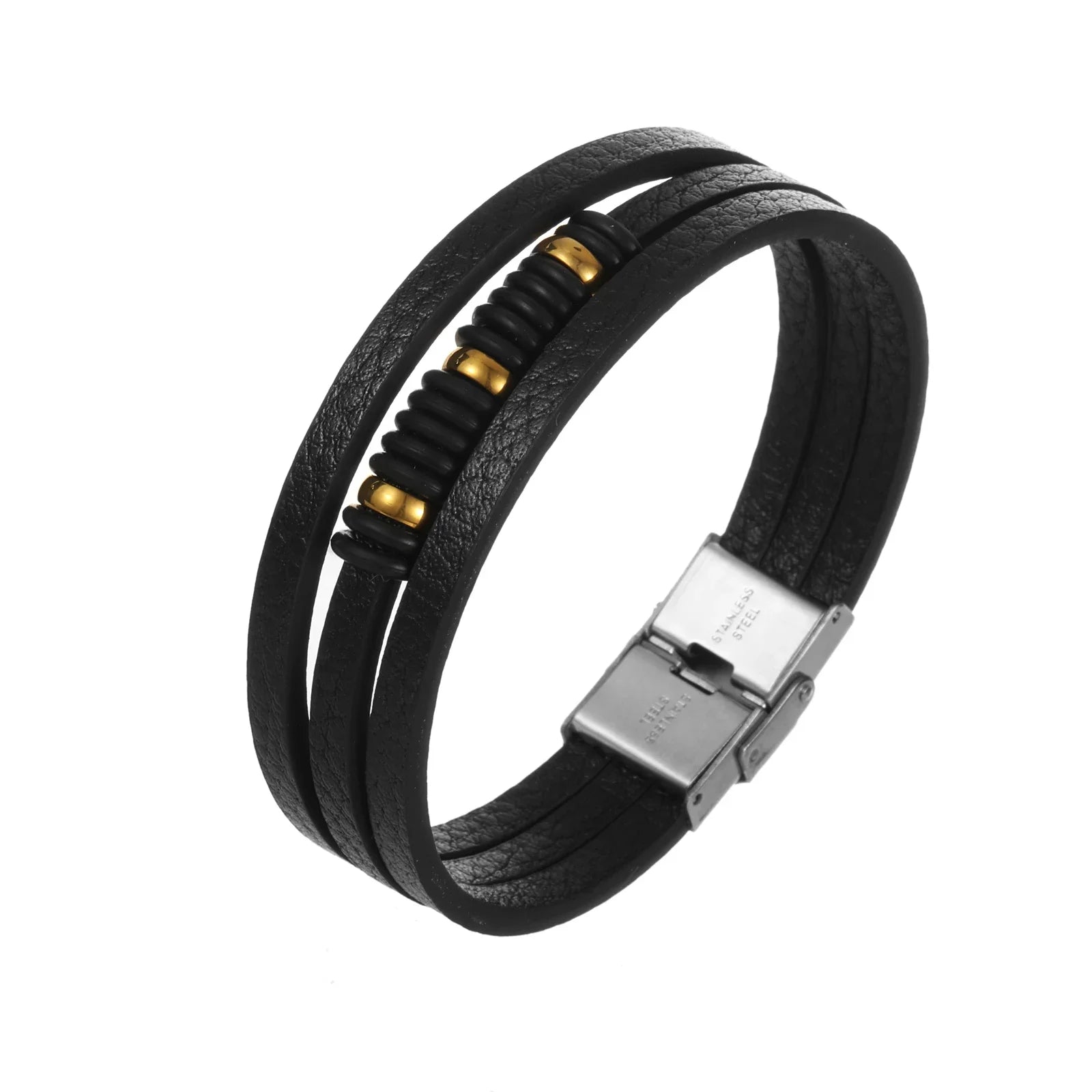 Charm Jewelry Stainless Steel Leather Beads Bracelet Men Vintage Cuff Leather Bracelet Pulsera Hombre