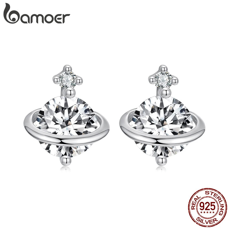 BAMOER 925 Sterling Silver Aesthetic Saturn Planet Earring, White Gold Plated Hypoallergenic Earrings Y2K Jewelry Gift SCE1880