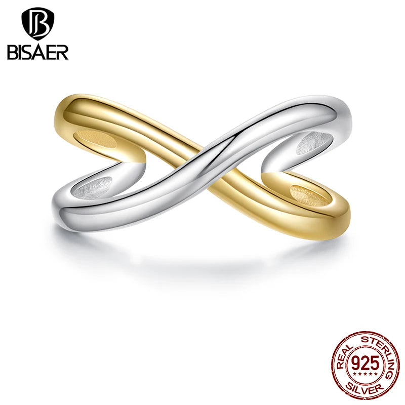 BISAER 925 Sterling Silver Two-tones Cross X Open Ring Minimalist Stackable Eternity Band Plated Gold for Women Fine Jewelry