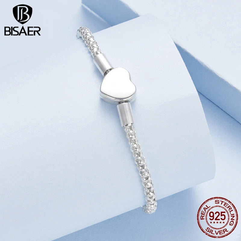 BISAER Real 925 Sterling Silver Heart Basic Bracelet Love Starry Bracelets for Women Charms Beads DIY Fine Jewelry EFB209
