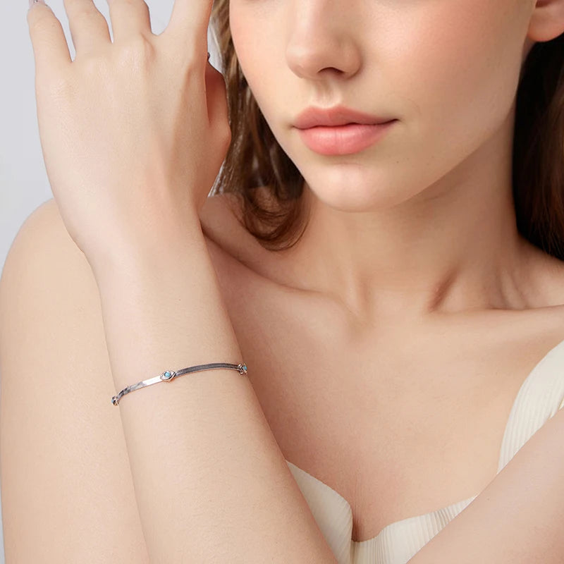 Bamoer 925 Sterling Silver Devil's Eye Bracelets Wide Flat Snake Chain Turquoise Charm Bangle Adjustable for Women Retro Gift