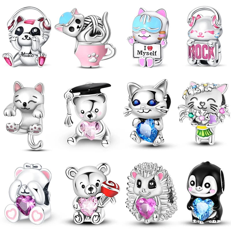 New 925 Silver Pink Rabbit Bear Cat Dog Animal Charms Beads Fit 3mm 925 Original Bracelets Fine DIY Birthday Jewelry