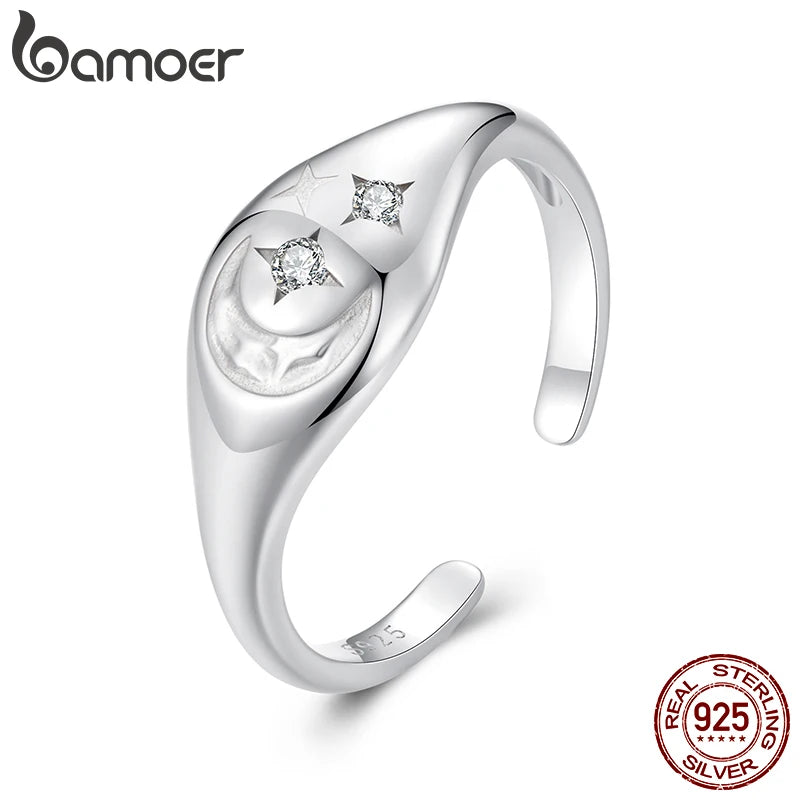 BAMOER Solid 925 Sterling Silver Star and Moon Seal Adjustable Ring for Women Stackble Ring Wedding Band for Her Birthday Gifts