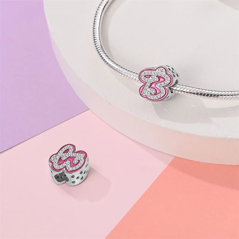 925 Sterling Silver twenty-six letter series zircon pink beads Charm Bead Fit Original Pandora Bracelet DIY Jewelry For Women