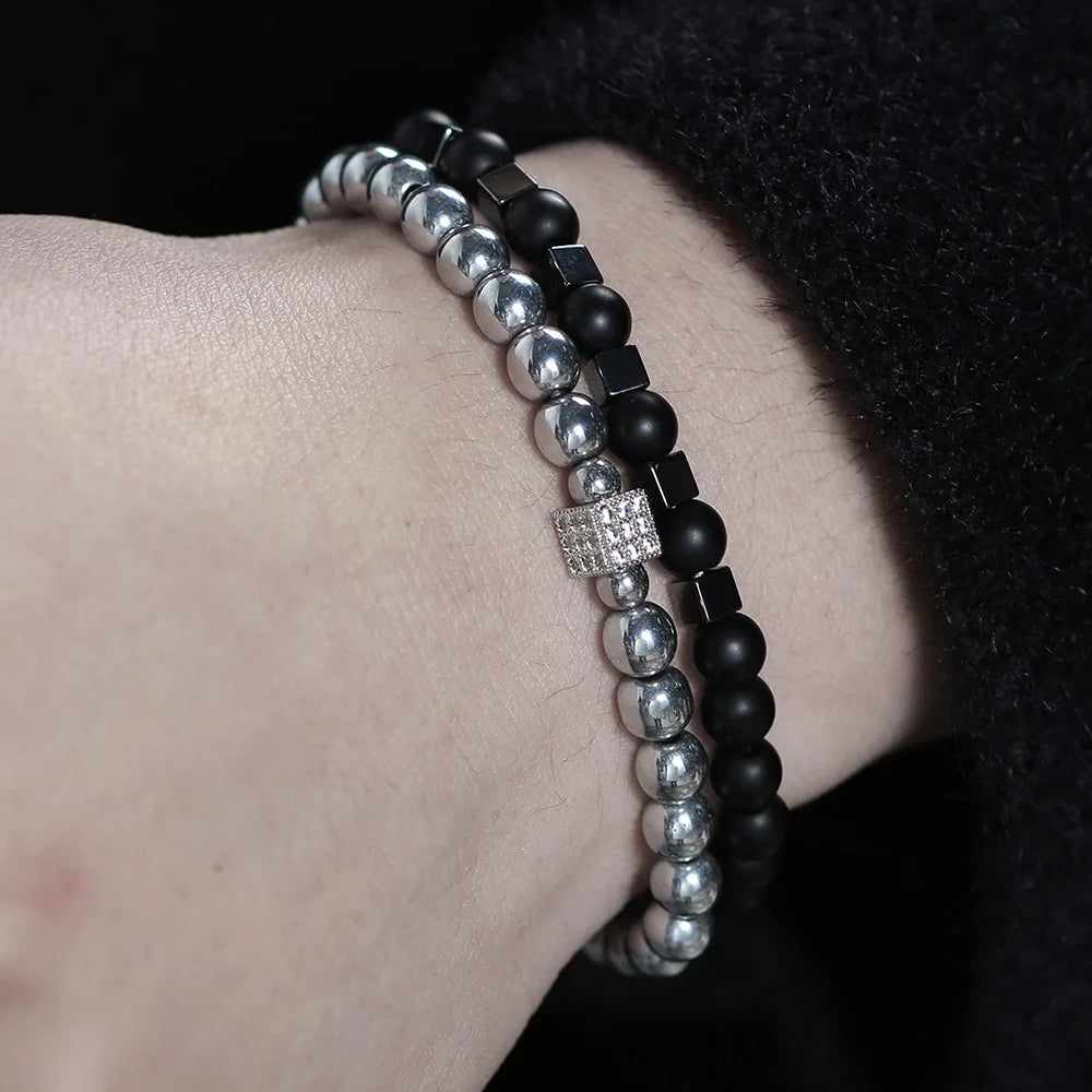Stylish Men Bracelet Set Luxury Zirconia Wrap Braslet Black Onyx Hematite Healing Braclet Birthday Gift For Boyfriend Beaded