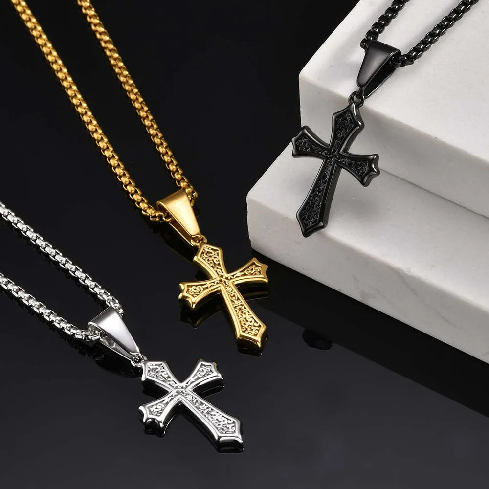 Vnox Small Stainless Steel Cross Necklaces, Retro Personality Pendant Accessories, Religion Faith Jewelry Gift