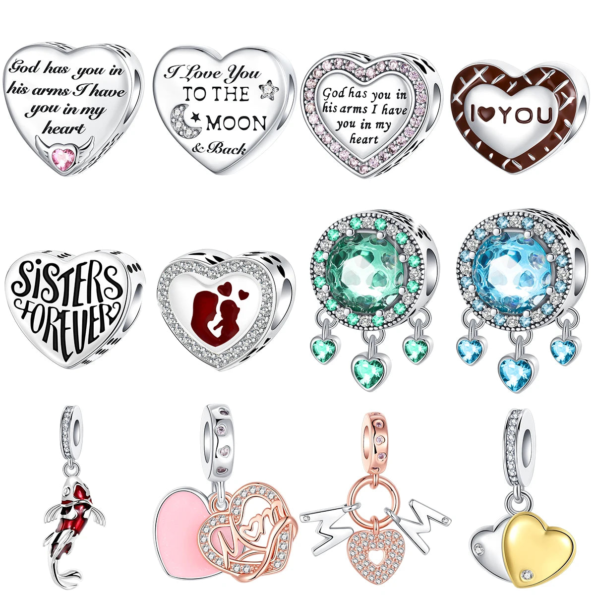 Charm-Anhänger „Mom Moon Love“ aus 925er Sterlingsilber mit Katzenauge-Stein, Koi-Anhänger, passend für Original-Pandora-Charm-Armbänder, Frauen, DIY-Schmuckgeschenk