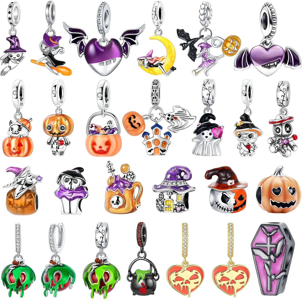 Halloween 925 Sterling Silver Skull Charm Luminous Pumpkin Bat Ghost Coffin Bead Pendant Ring Necklace Bracelet DIY Jewelry Gift