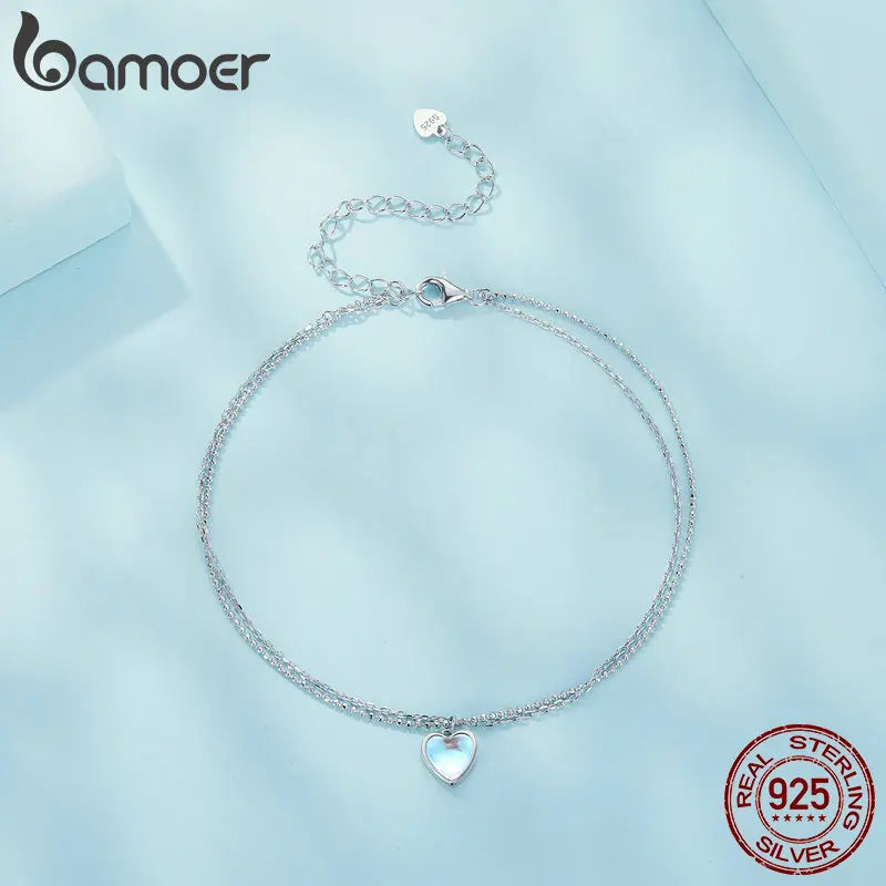 BAMOER 925 Sterling Silver Heart-Shaped Double-Layer Anklet Simple Chain Foot Jewelry for Women White Gold Plated Summer Jewelry