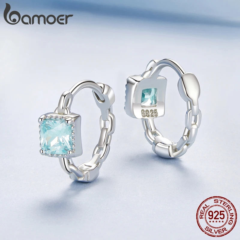BAMOER 925 Sterling Silber Eingelegte Blaue CZ Geometrische Quadratische Ohrstecker Leichter Luxus Reifer Glamour Frauen Schmuck Zubehör