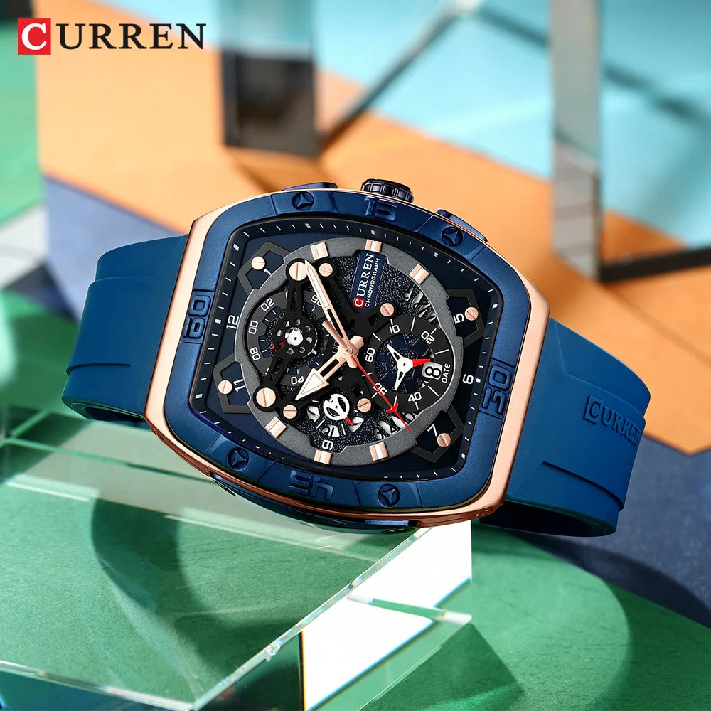 CURREN Luxury Sports Quartz Wristwatches for Men Colorful Multi Functional Tonneau Type Watch with Auto Date