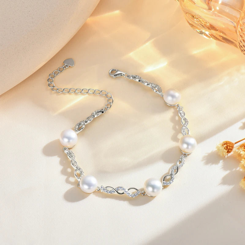OXTAO 8mm Natural White Freshwater Pearl Zircon Bracelet 925 Sterling Silver Adjustable Chain Fashion Jewelry Gift Wholesale