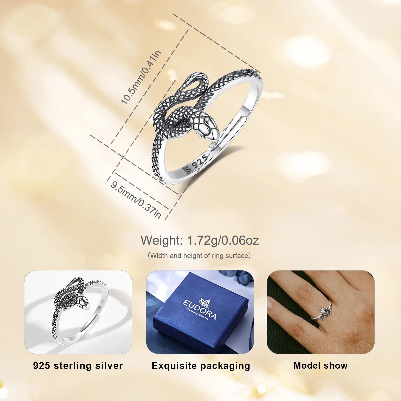 Eudora 925 Sterling Silver Snake Adjustable Ring Vintage Textures Cobra Punk Ring Personalized Jewelry Party Gift for Women Man