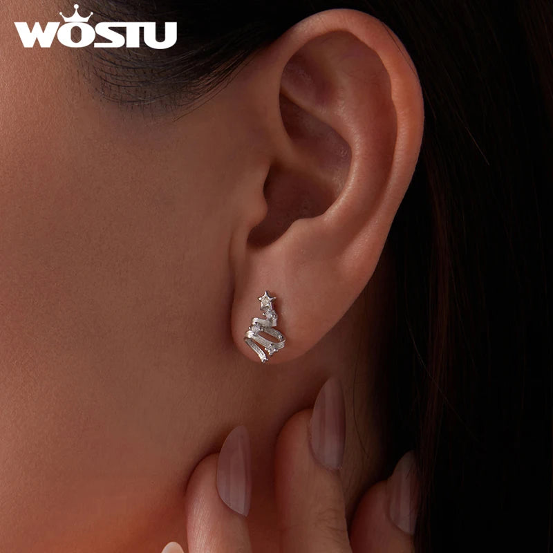 WOSTU Solid 925 Silver Christmas Tree Star Stud Earrings For Women, AAA Cubic Zirconia Bar Studs Luxury New Year jewelry gift